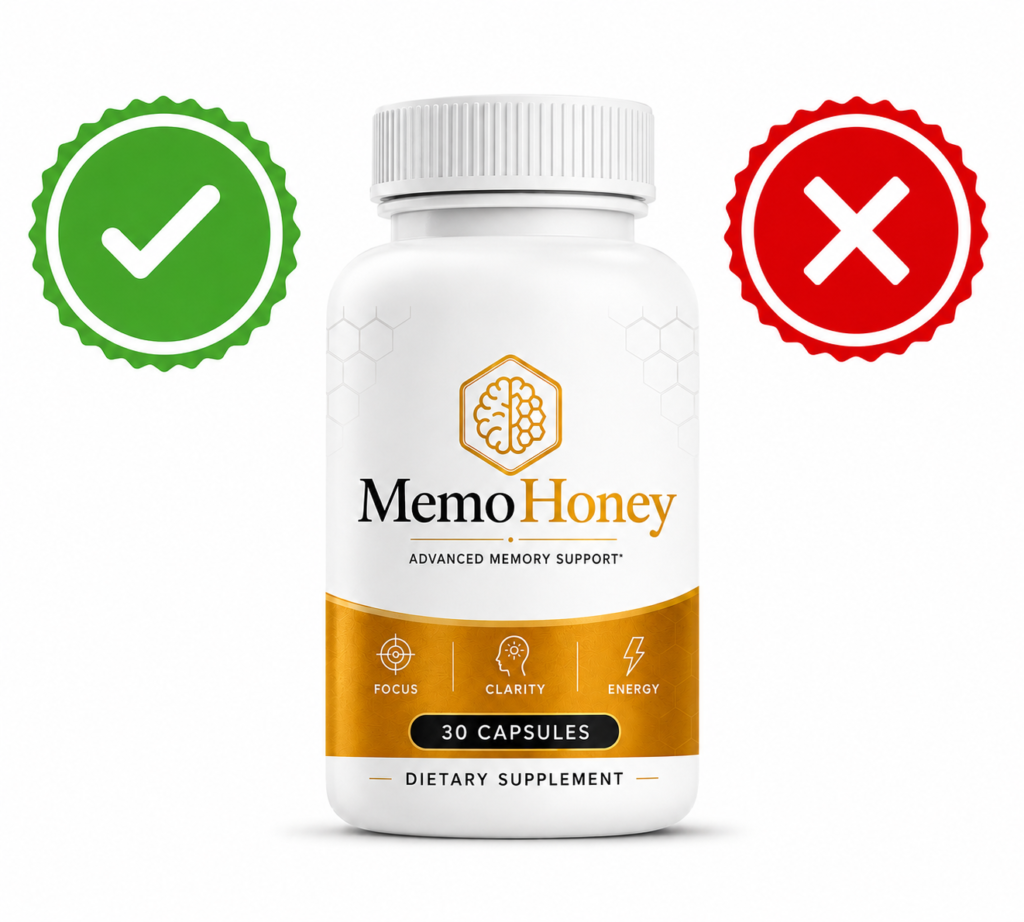 MemoHoney bottle between a green check mark and a red X, pros and cons side by side